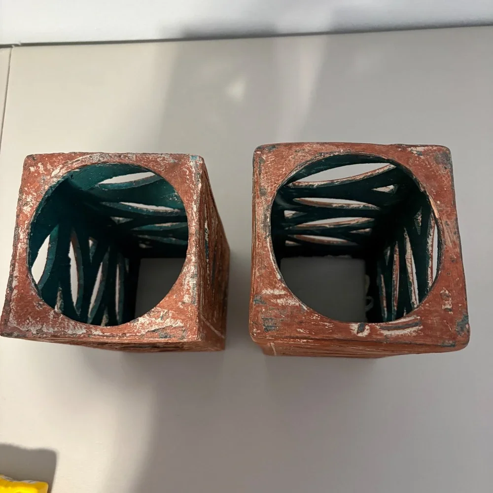 Terracotta Geometric Lattice Candle Lanterns Pair Rustic Teal Interior 10.5in